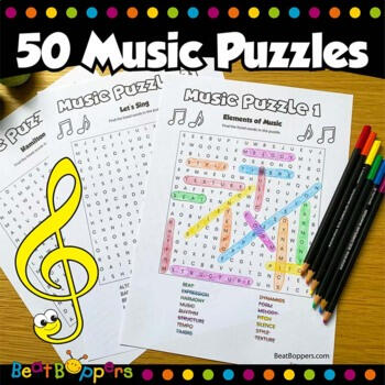 50 music themed word search puzzles for kids. Great for music sub plan activities.