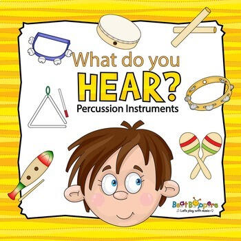 Aural skills game for young children. Listening to percussion sounds.